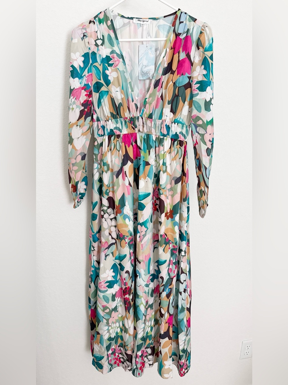 Maxigerui Floral V-Neck Maxi Dress - Teal & Pink